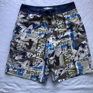 OP Ocean Pacific Men's Size 32 Brown/Olive/Blue print BOARD SHORTS Swim RARE Z22